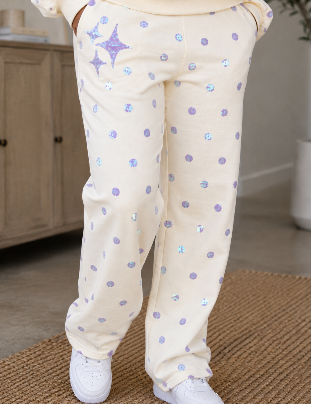 Beige & Lavender Polka Dot Sparkle Logo Pant - Queen of Sparkles
