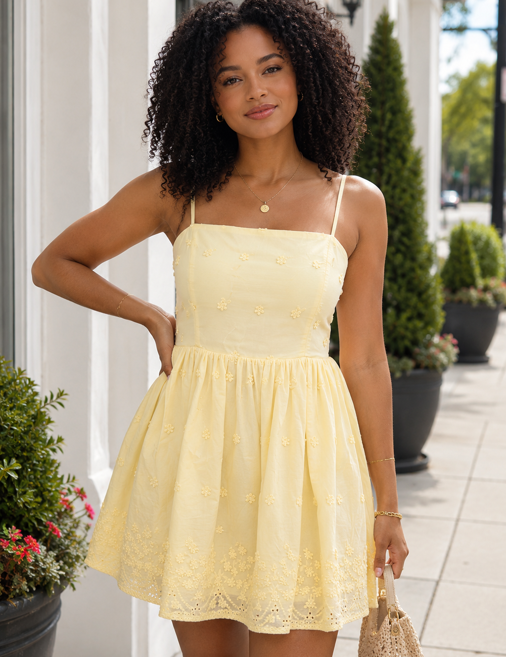 Yellow Floral Embroidered Mini Dress - Shell