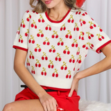Crew Neck Cherry Jacquard Knitted Crop Top
