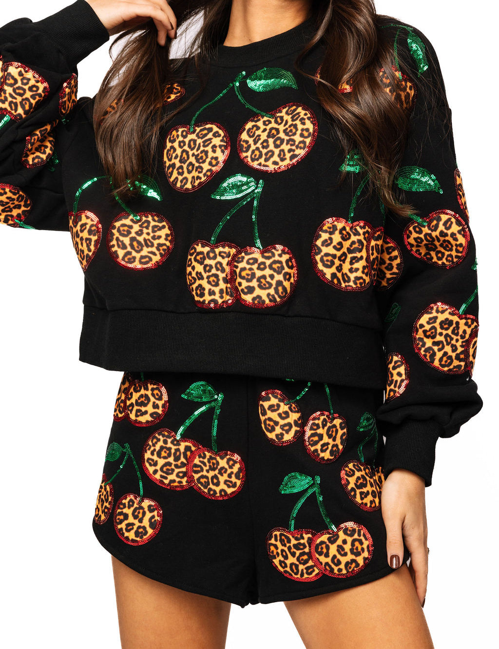 Black Leopard Cherry Sweatshirt-Queen Of Sparkles
