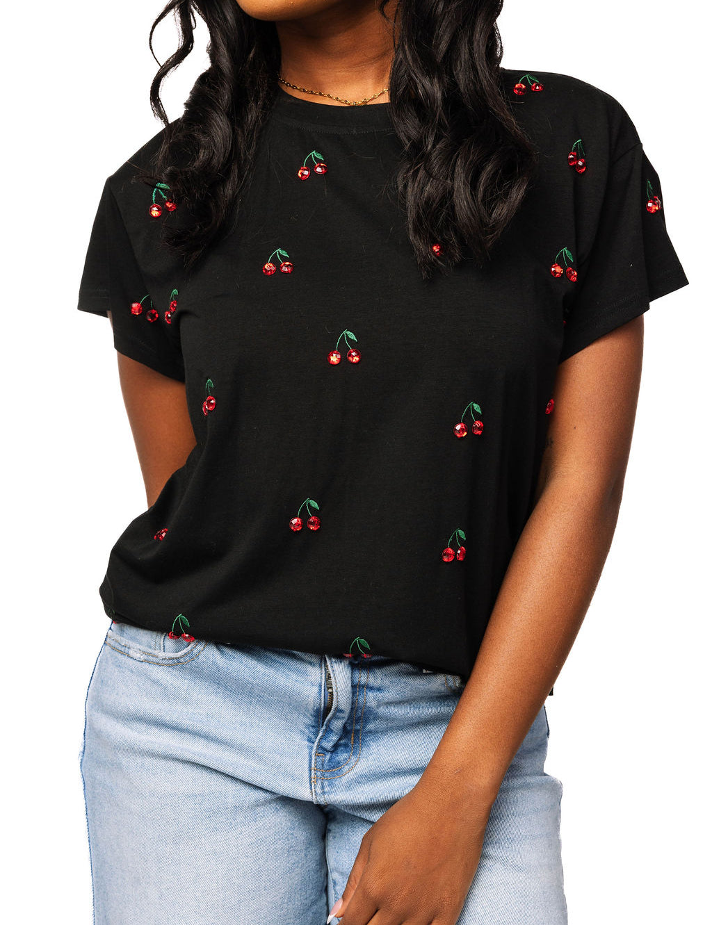 Black Mini Jeweled Cherry Tee – Queen of Sparkles