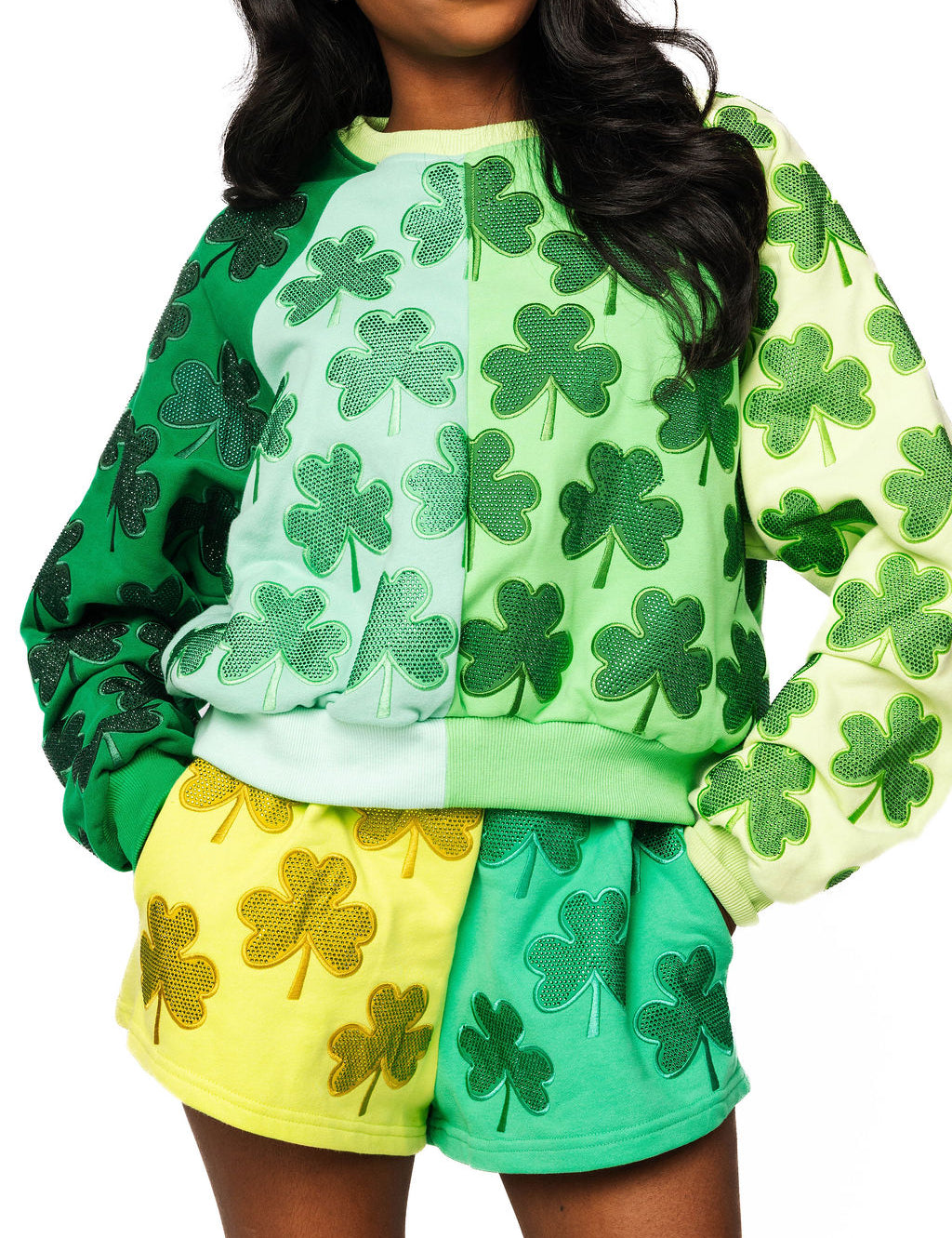 Green Cotton Colorblock Rhinestone Shamrock Sweatshirt- Queen Of Sparkles