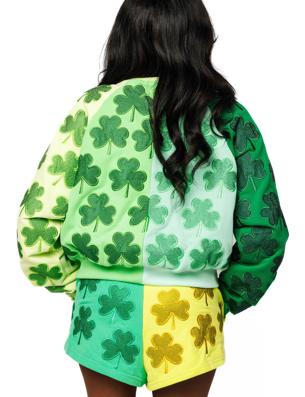 Green Cotton Colorblock Rhinestone Shamrock Sweatshirt- Queen Of Sparkles