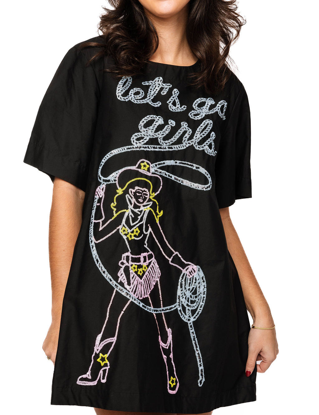 Black “Let’s Go Girls” Lassoing Cowgirl Cotton Dress-Queen of Sparkles