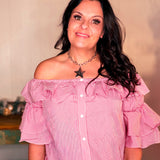 Button Front Striped Flutter Stylish Blouse Top