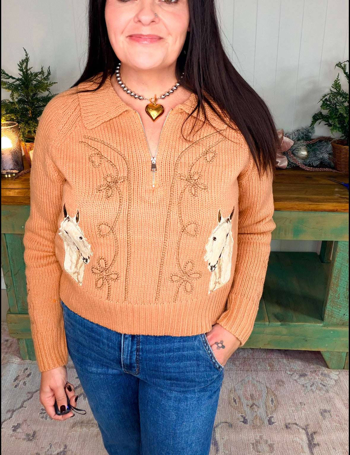 Horse Embroidered Zip Up Mock Neck Sweater