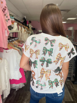 Scattered Plaid Bow Tee White Queen of Sparkles