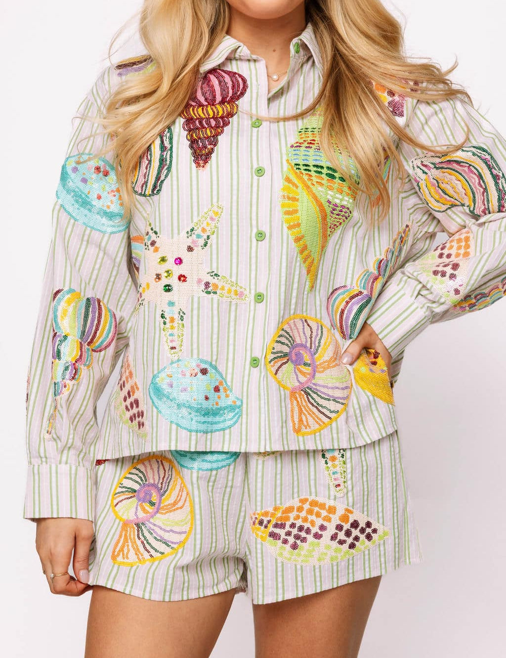 Striped Button Up Multi Shell Long Sleeve Top - Multi [Queen of Sparkles]