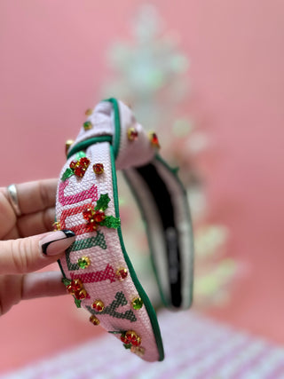 Cross Stitch Holly Jolly Headband with Crystals - Adult Size