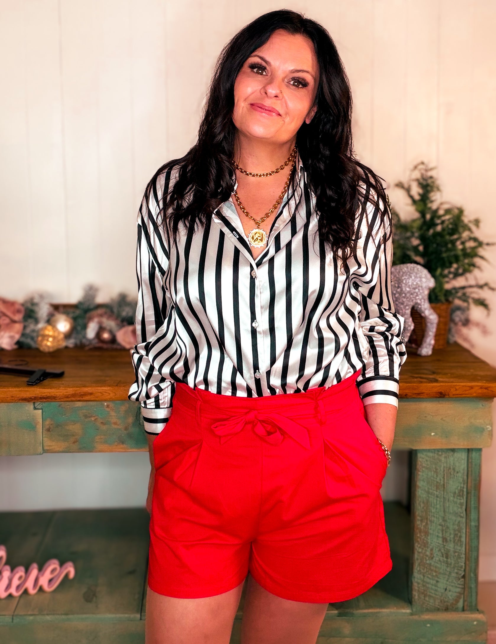 Collard Vertical Stripe Printed Satin Blouse Top