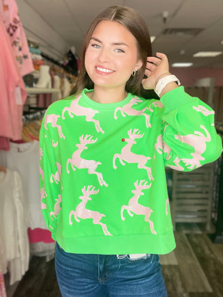 Scatter Reindeer Sweatshirt Neon Green/White Queen of Sparkles