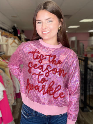 Full Sequin "Tis The Season To Sparkle" Sweater Pink Queen of Sparkles