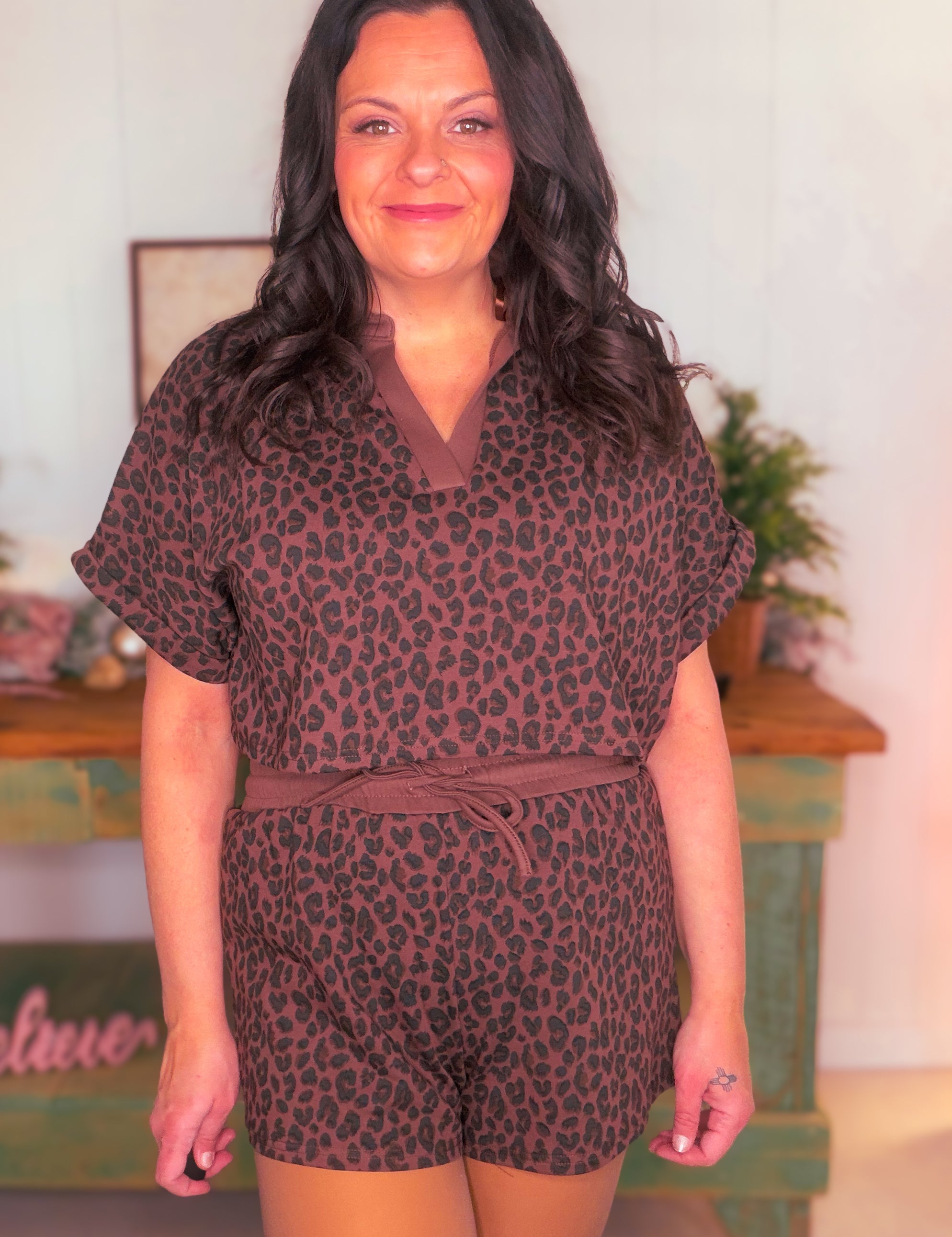 Leopard Cropped Short Sleeve and Shorts Set