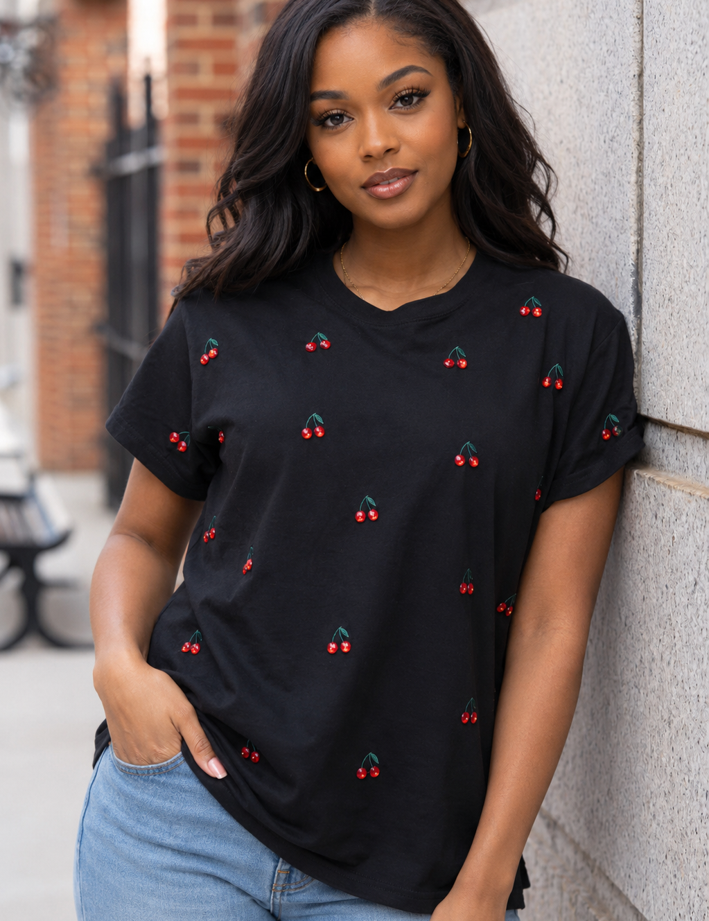 Black Mini Jeweled Cherry Tee – Queen of Sparkles