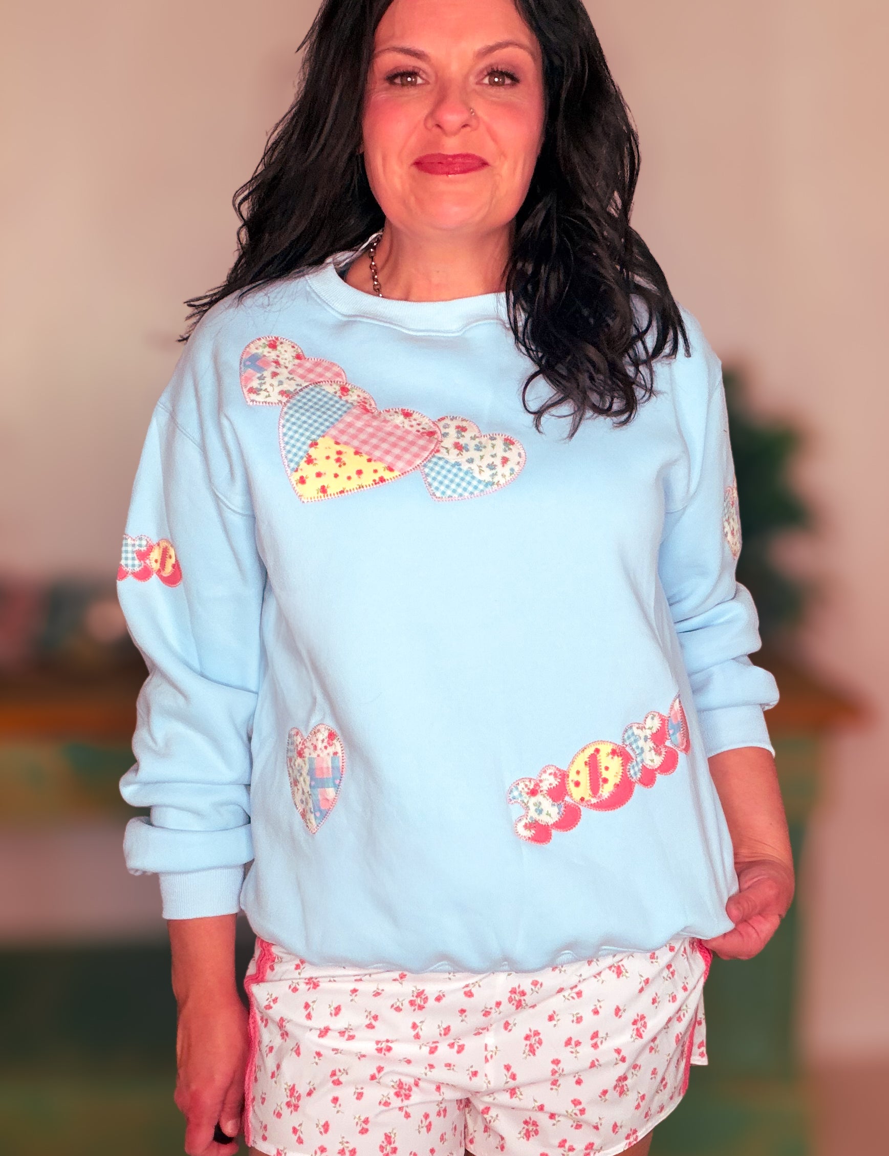 Patchwork Printed Valentine French Terry Sweatshirt