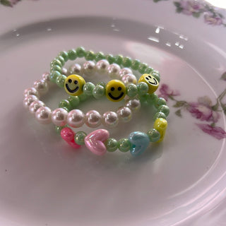 Beaded Smiley & Pearl Bracelet Set Light Green
