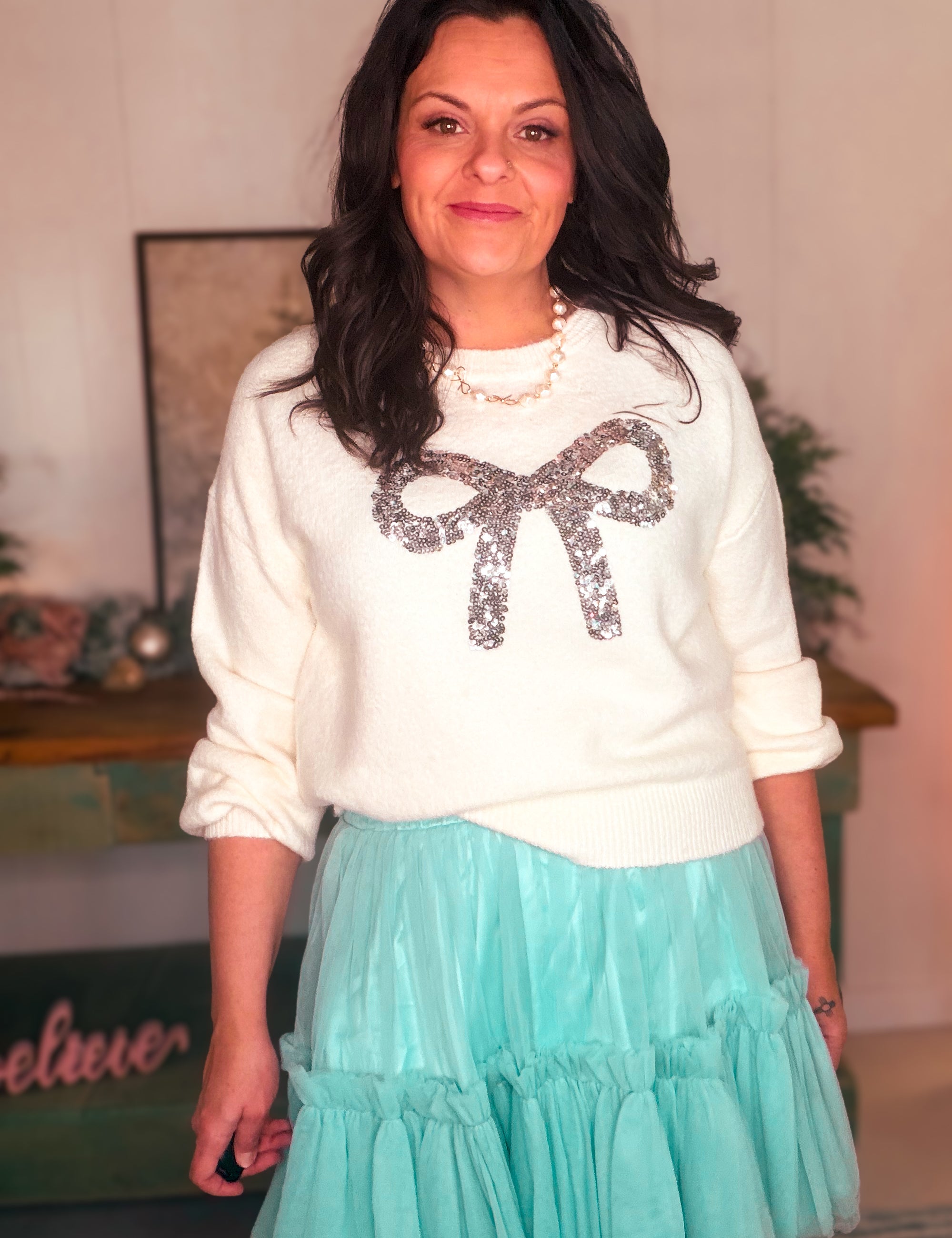 Knit Pullover Sequin Bow Sweater – Ivory