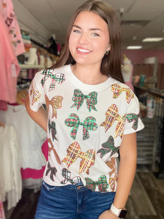 Scattered Plaid Bow Tee White Queen of Sparkles