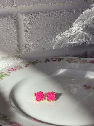 Druzy Clover Earrings Pink