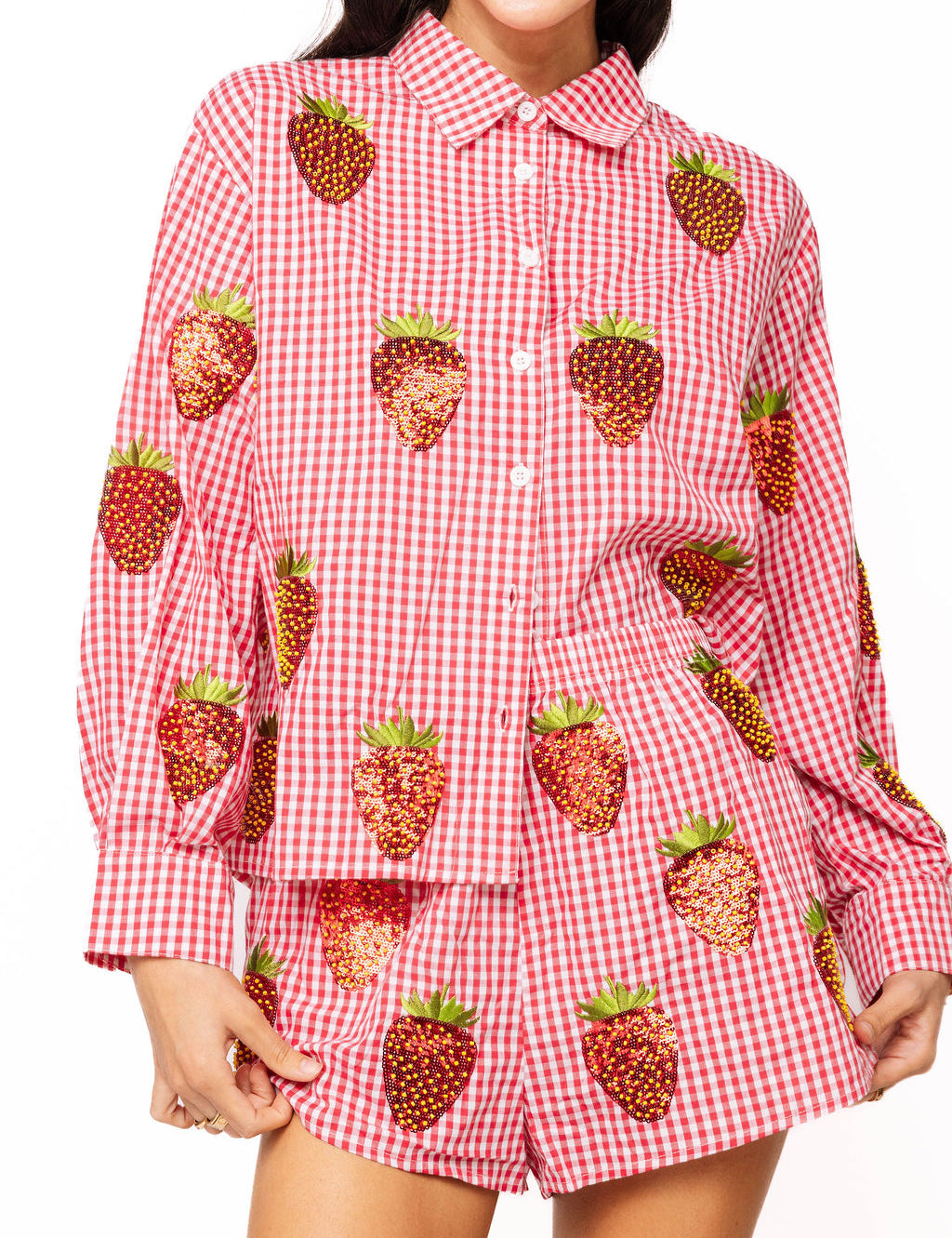 Red & White Gingham Beaded Strawberry Button Up Cotton Long Sleeve Top - Queen of Sparkles