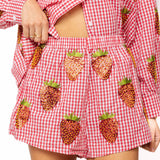 Red & White Gingham Beaded Strawberry Short - Queen of Sparkles