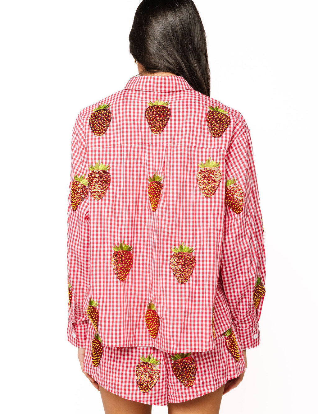 Red & White Gingham Beaded Strawberry Button Up Cotton Long Sleeve Top - Queen of Sparkles