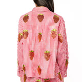 Red & White Gingham Beaded Strawberry Button Up Cotton Long Sleeve Top - Queen of Sparkles