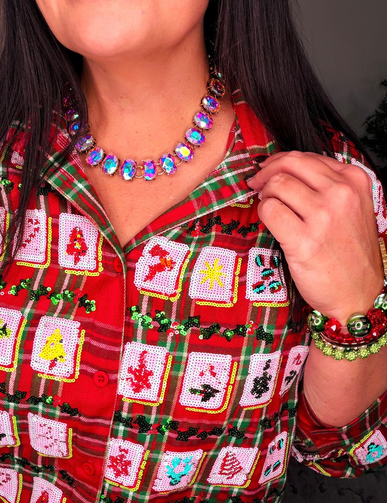 Red Plaid Mahjong Tile Button Up Top - Red [Queen of Sparkles]