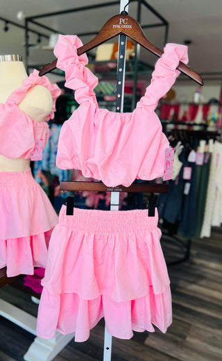 Daria Poplin Bubble Crop Top and Mini Skirt Set Blush