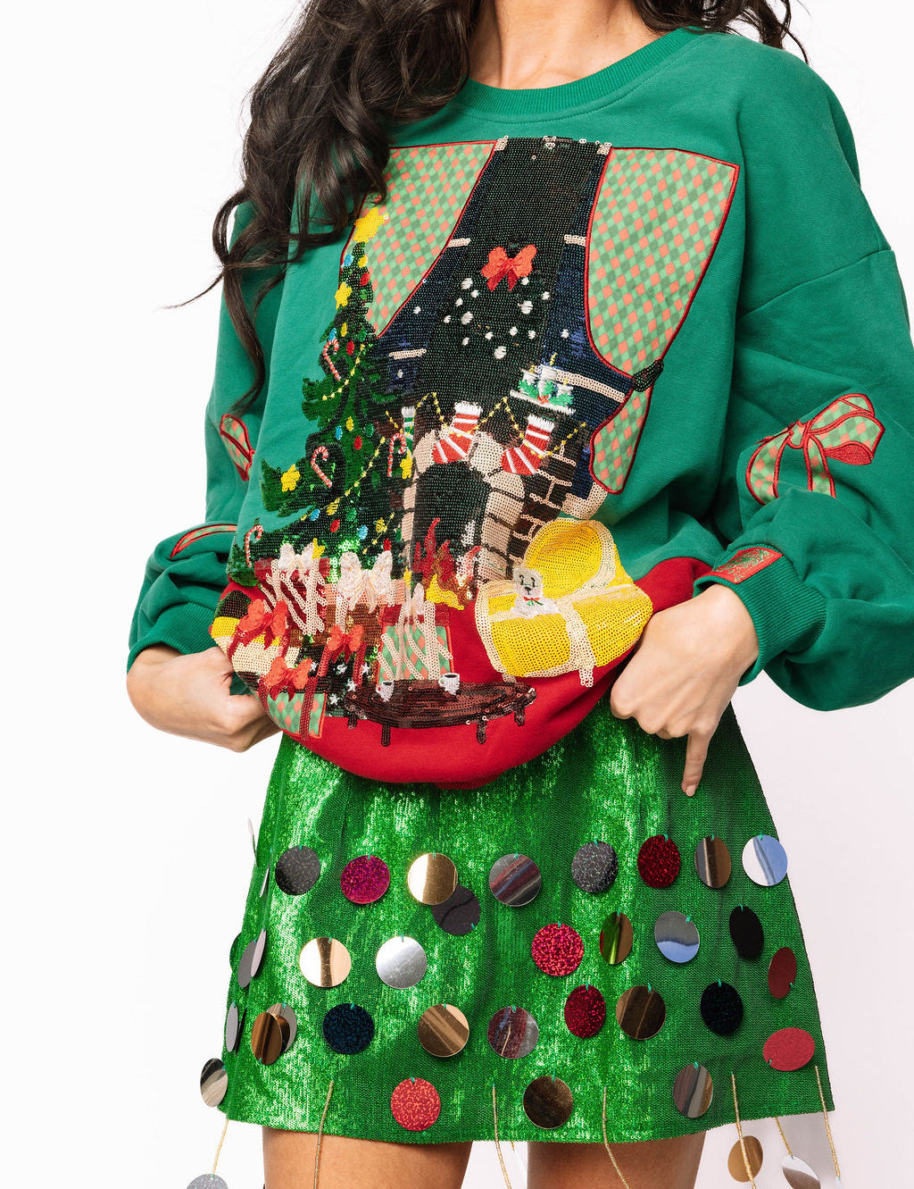 Preorder - Green Christmas Living Room Sweatshirt With Bow Sleeve - Green [Queen of Sparkles]