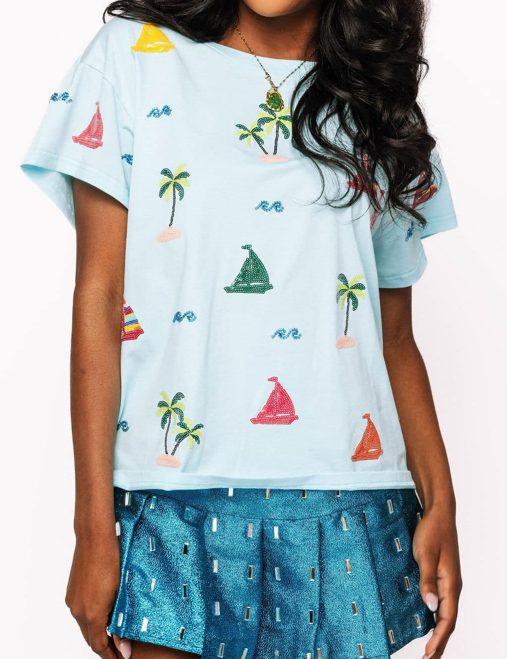 Sail Boat & Palm Tree Icon Tee - Aqua [Queen of Sparkles]