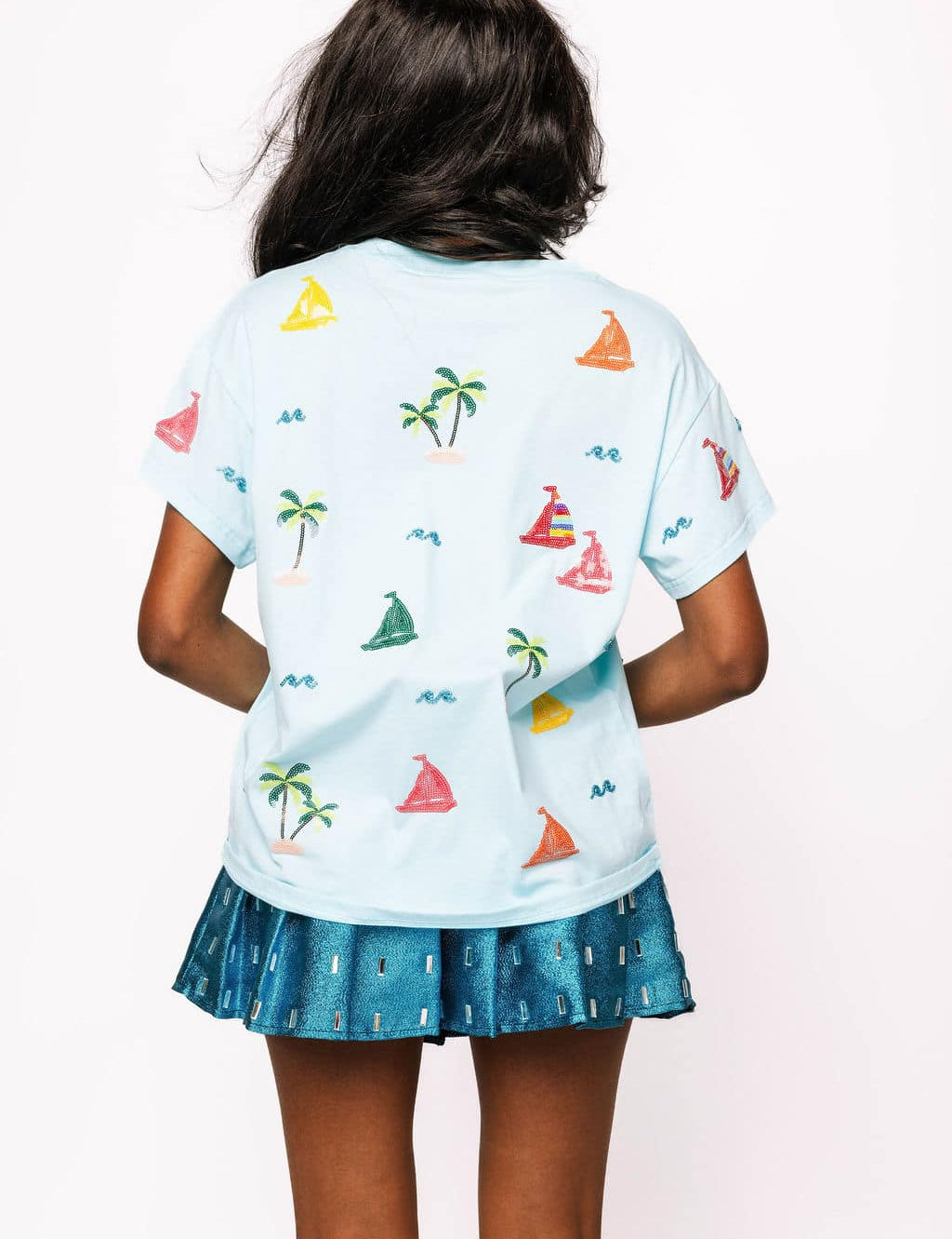 Sail Boat & Palm Tree Icon Tee - Aqua [Queen of Sparkles]