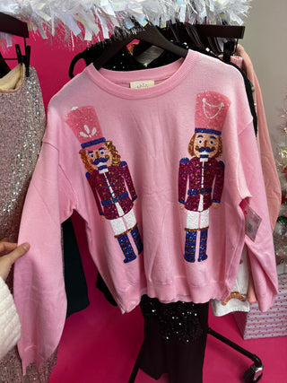 Loose Fit Sweater With Sequin Nutcrackers Baby Pink