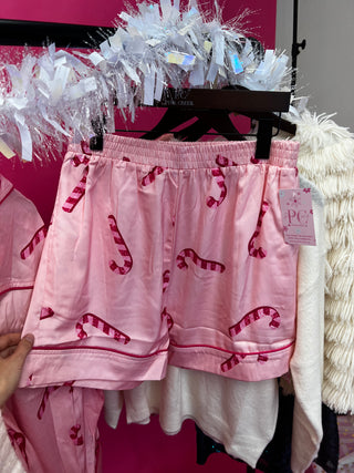 Candy Cane Pattern Satin Pajama Shorts Light Pink