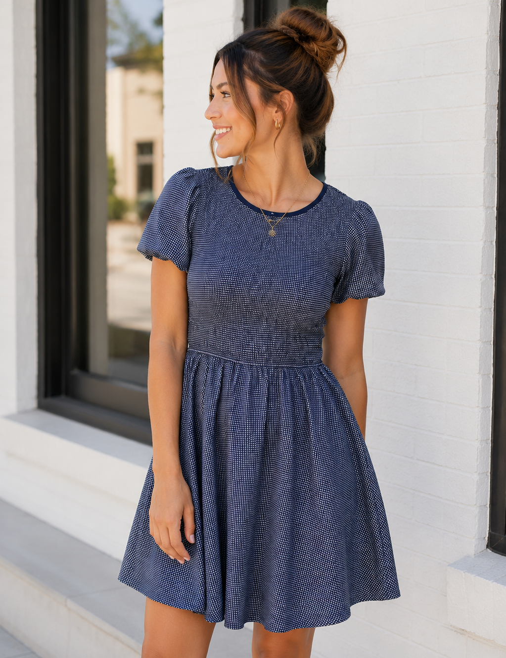 Frankie Smocked Mini Dress - Navy White