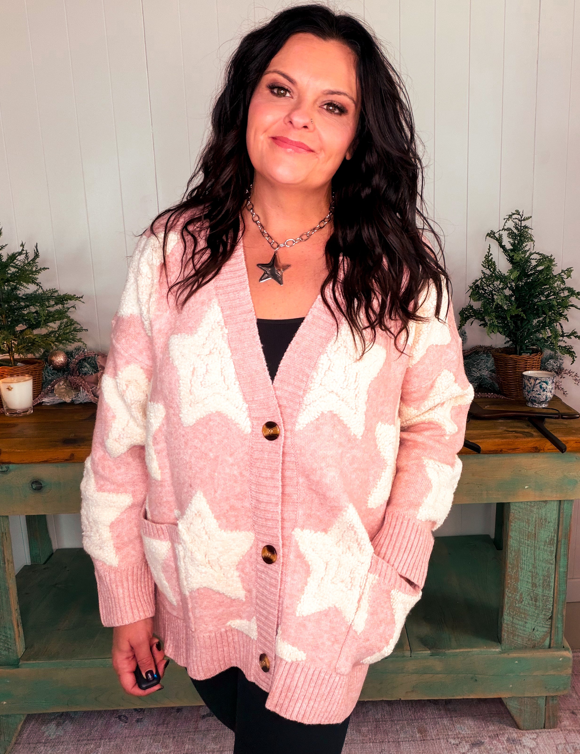 Sherpa Star Textured Sweater Cardigan with Pockets