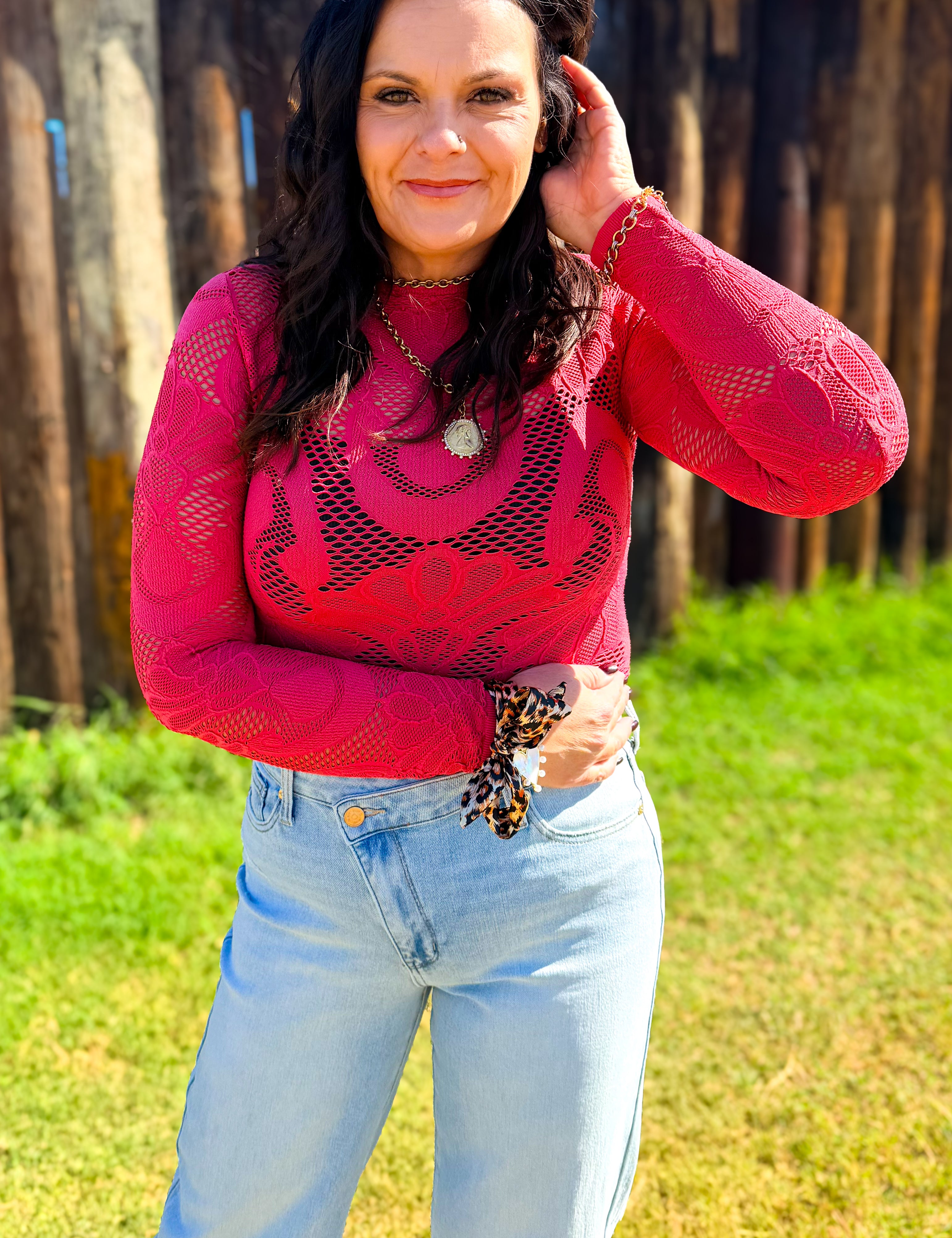 Knit Seamless Jacquard Mock Neck Long Sleeve Top