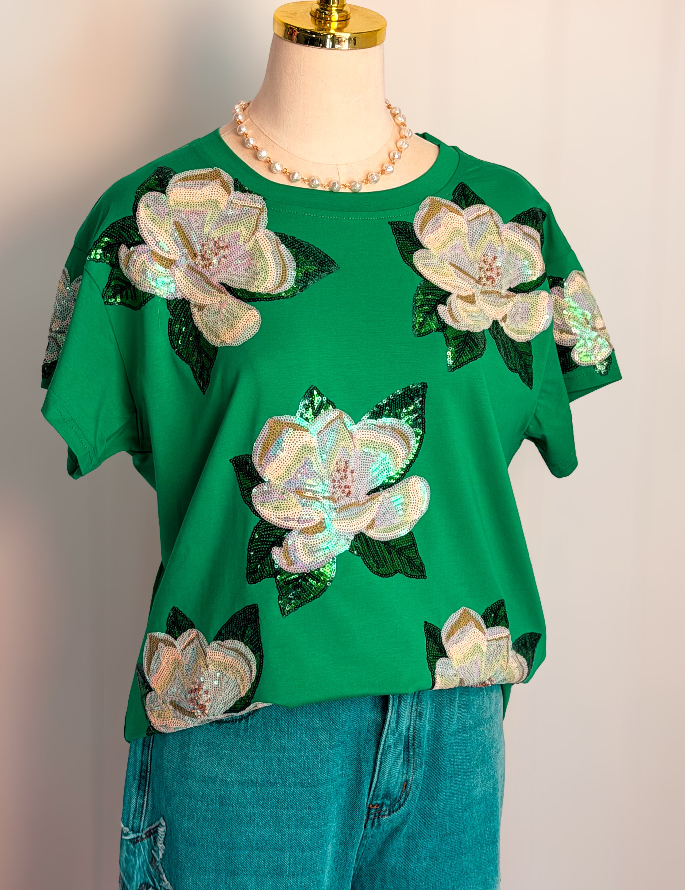 Green Magnolia Tee-Queen Of Sparkles- Green