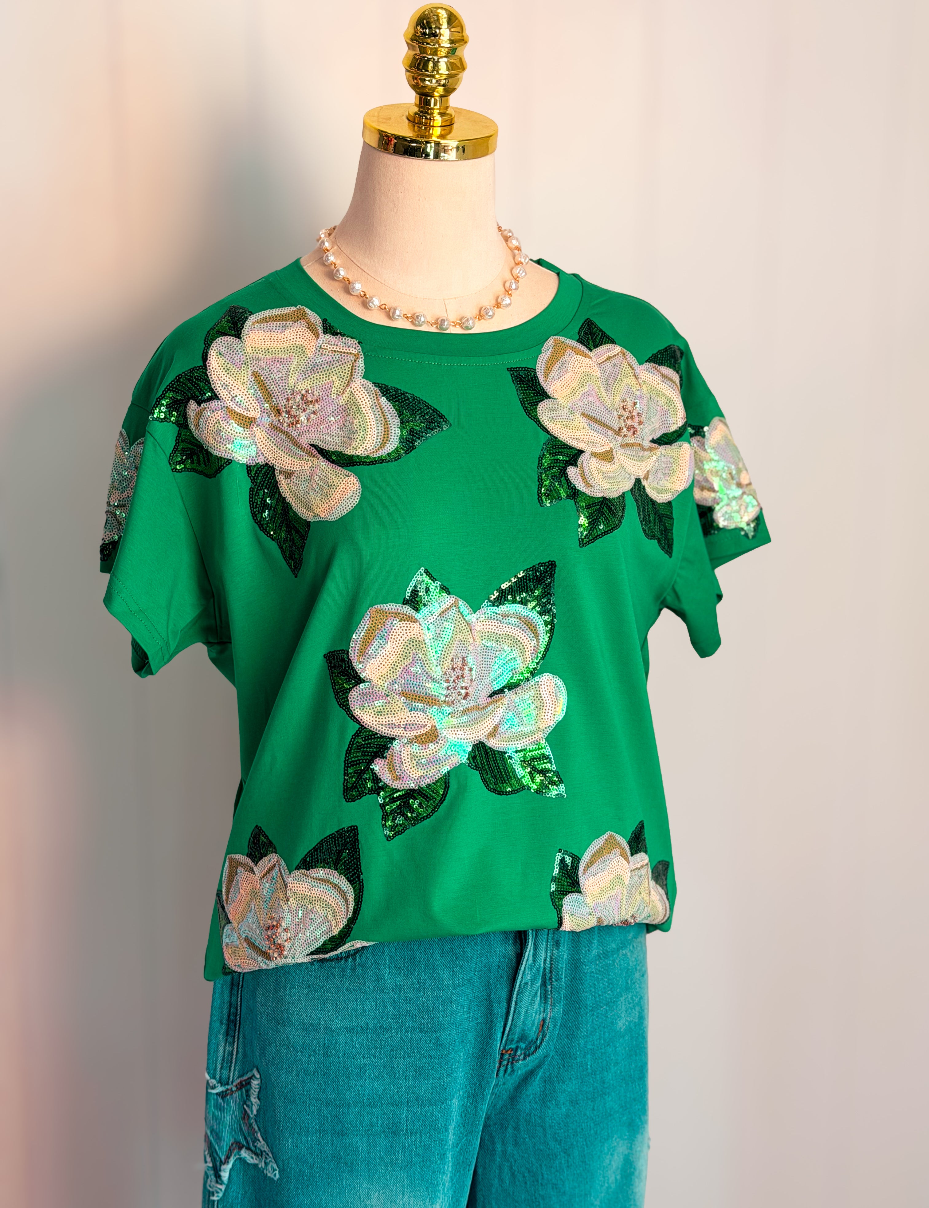 Green Magnolia Tee-Queen Of Sparkles- Green