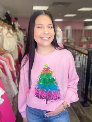 Rainbow Feather Tree Sweater Light Pink Queen of Sparkles