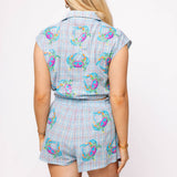Plaid Multi Crab Button Up Short - Blue [Queen of Sparkles]