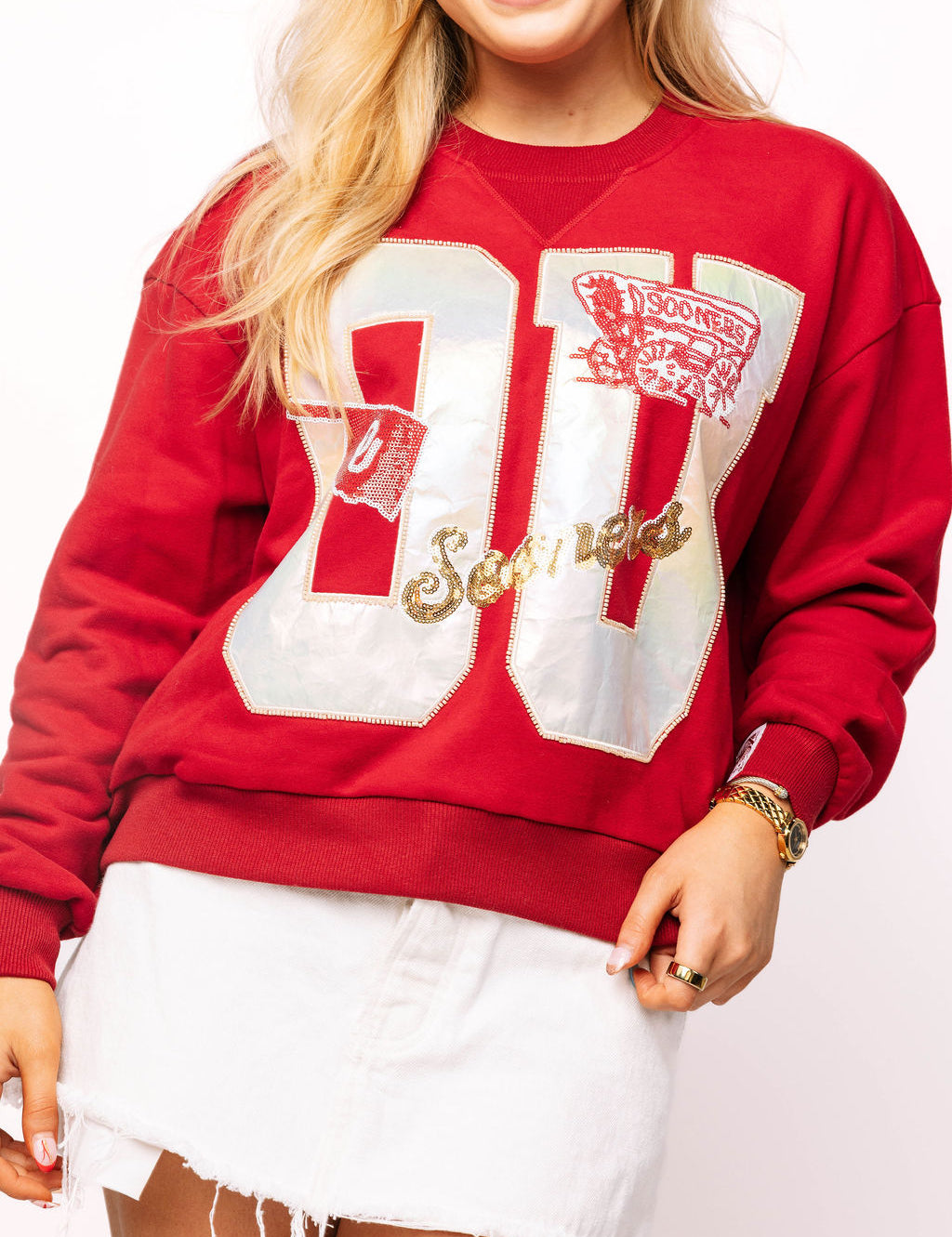 Licensed Oklahoma Metallic Word With Icons Sweatshirt - OU Metallic [Queen of Sparkles]