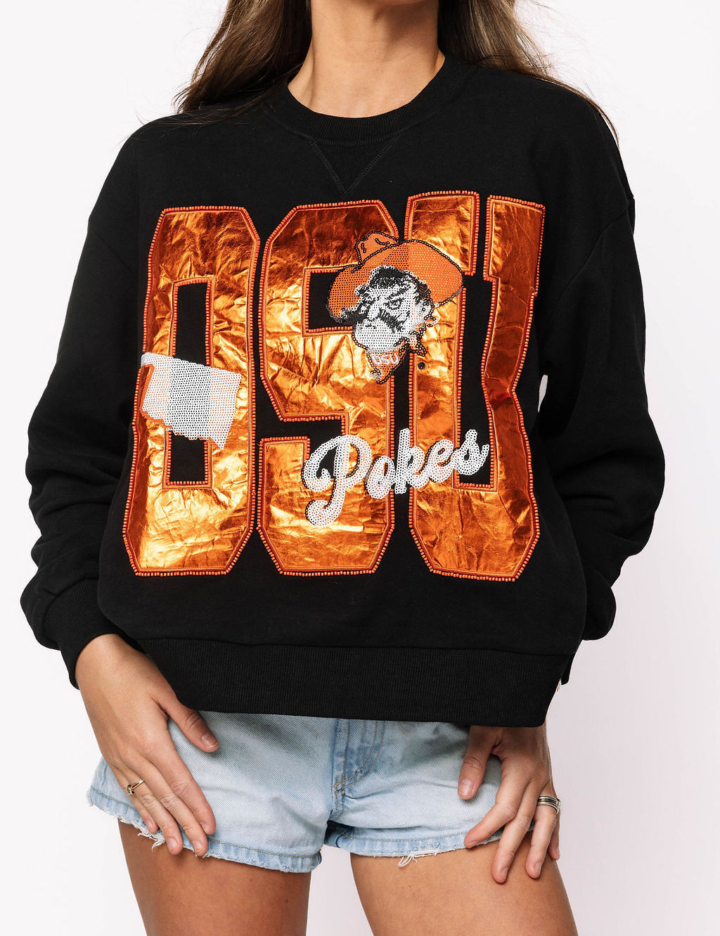 Licensed OK State Metallic Word With Icons Sweatshirt - OSU Metallic [Queen of Sparkles]
