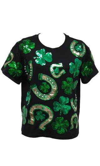 Horse Shoe and Clover Tee Black Queen of Sparkles