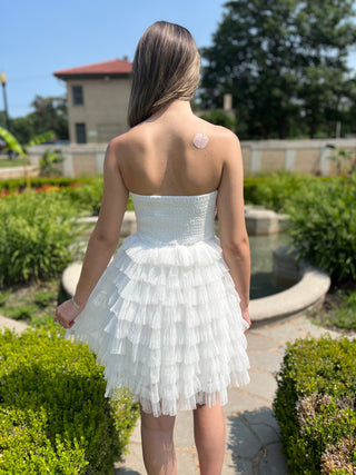 Pretty and Poised Strapless Ruffle Dress