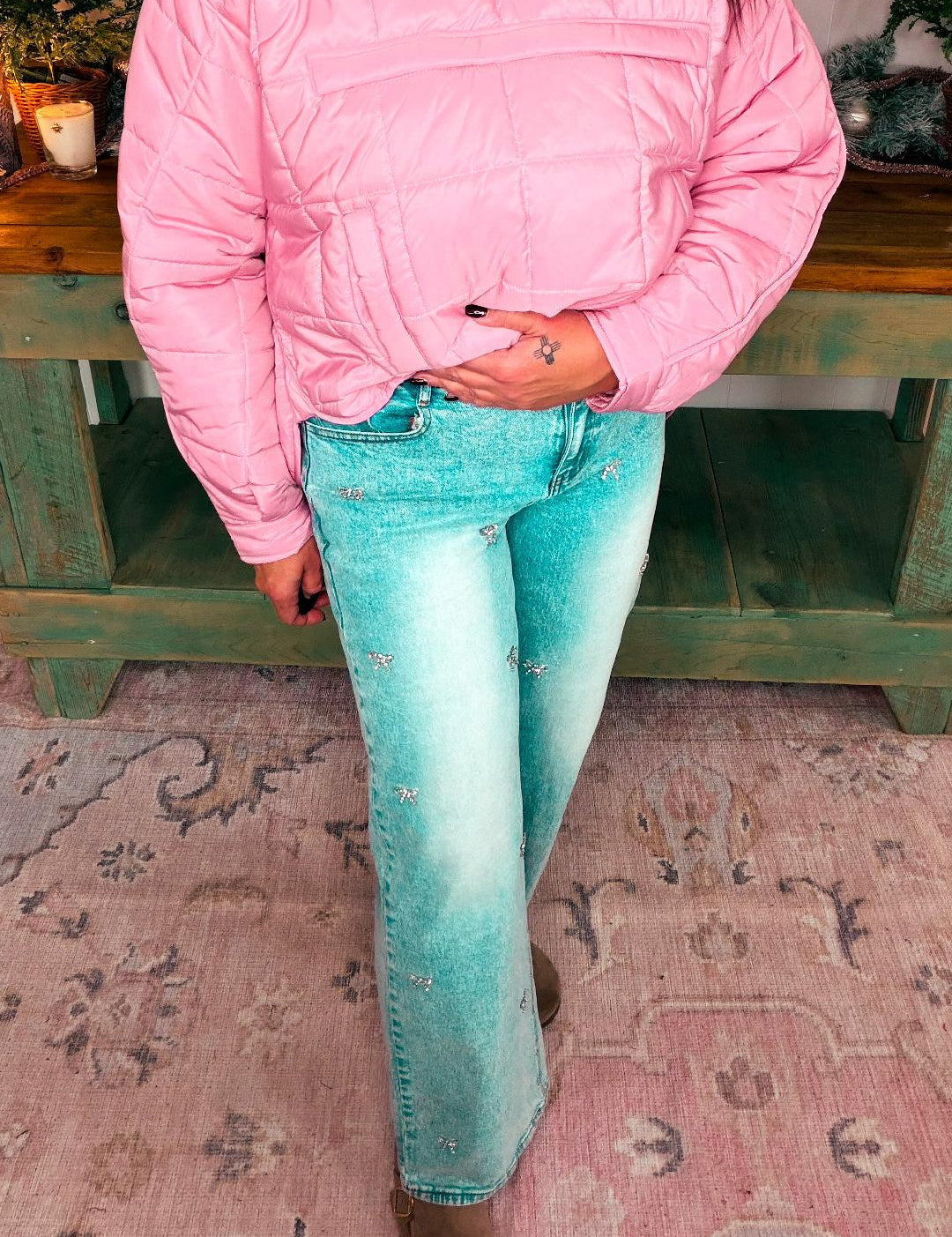 Bow Embellished Straight Leg Jeans