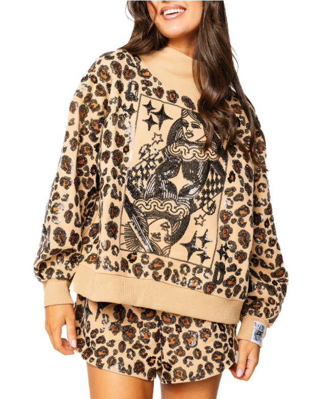 Tan Leopard Print QOS Card Logo Mock Neck Sweatshirt