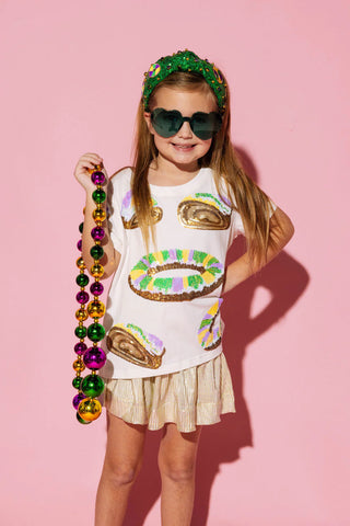 Child Size King Cake All Over Tee White Queen of Sparkles
