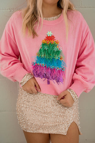 Rainbow Feather Tree Sweater Light Pink Queen of Sparkles