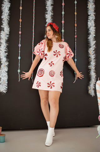 Sequin Poof Sleeve Peppermint Dress Light Pink Queen of Sparkles